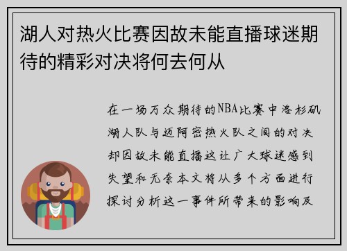 湖人对热火比赛因故未能直播球迷期待的精彩对决将何去何从